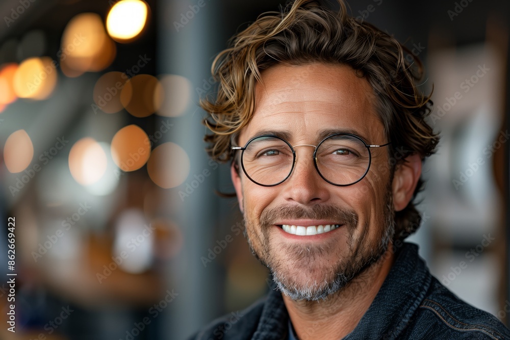 Smiling Man Wearing Glasses in a Cafe Setting Smiling Man Wearing Glasses in a Cafe Setting