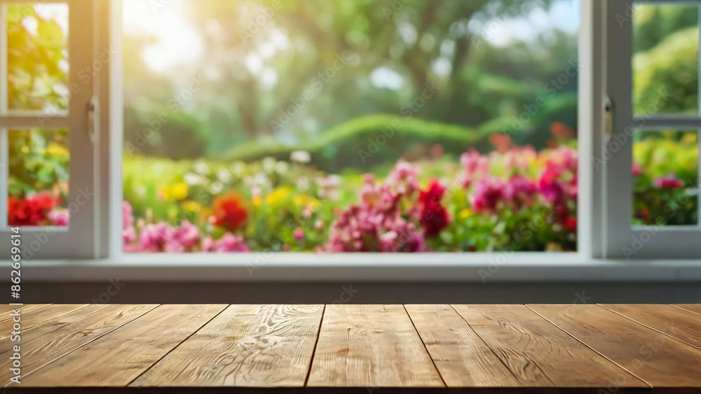 Wood table top on blur of window with garden flower background in morning. product display template design. Wood table top on blur of window with garden flower background in morning. product display template design.