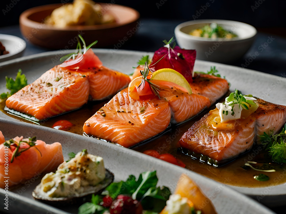 A comprehensive menu featuring appetizers, main courses, and desserts that highlight salmon in unique and flavorful ways. A comprehensive menu featuring appetizers, main courses, and desserts that highlight salmon in unique and flavorful ways.