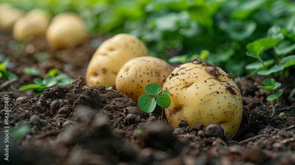 Freshly Dug Potatoes In A Garden Row On A Sunny Day Freshly Dug Potatoes In A Garden Row On A Sunny Day