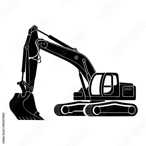 A large black and white construction vehicle with a large scoop on the front