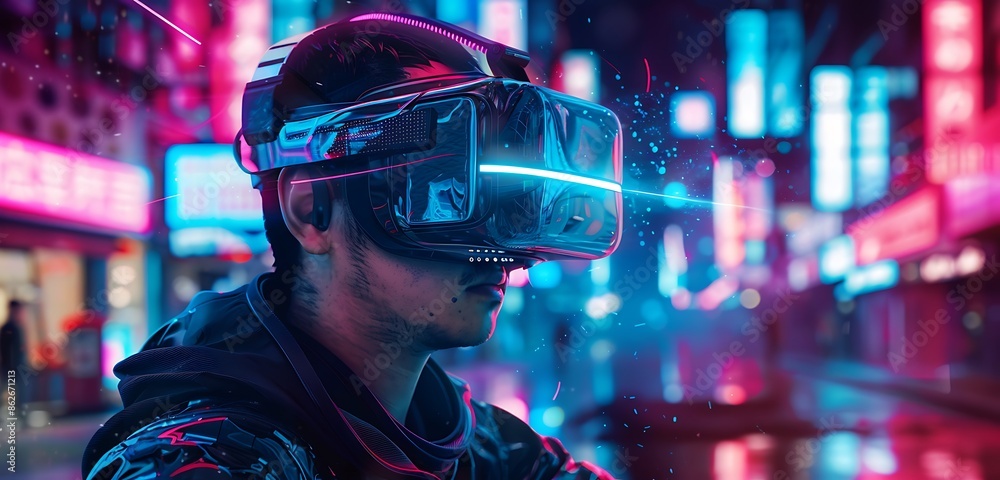 A man wearing a VR headset and dark jacket stands against a blurred cyberpunk city background, depicting the concept of virtual reality technology and future lifestyles A man wearing a VR headset and dark jacket stands against a blurred cyberpunk city background, depicting the concept of virtual reality technology and future lifestyles