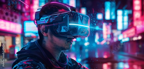 A man wearing a VR headset and dark jacket stands against a blurred cyberpunk city background, depicting the concept of virtual reality technology and future lifestyles © Jameel