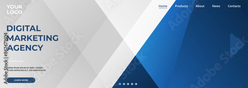 White and blue modern abstract wide banner design with geometric shapes for advertising promotion. Vector illustration background