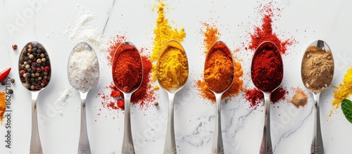Fototapeta Naklejka Na Ścianę i Meble -  Various spices such as red peppers, curry powder, cinnamon powder, and mint powder displayed in spoons on a white backdrop in a flat lay, top view copy space image.