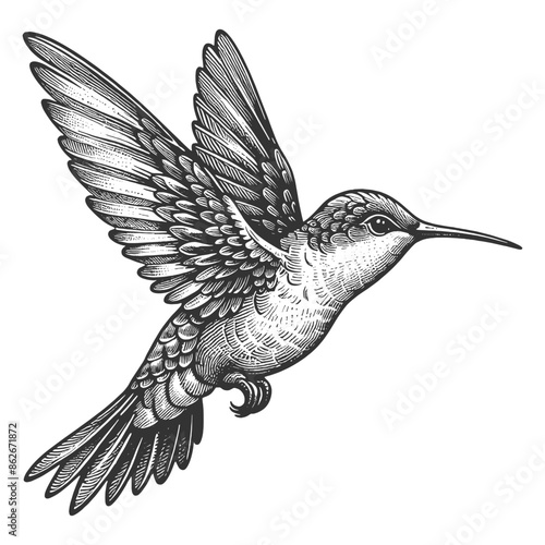 hummingbird in mid-flight, showcasing its intricate feather patterns and graceful movement sketch engraving generative ai vector illustration. Scratch board imitation. Black and white image.