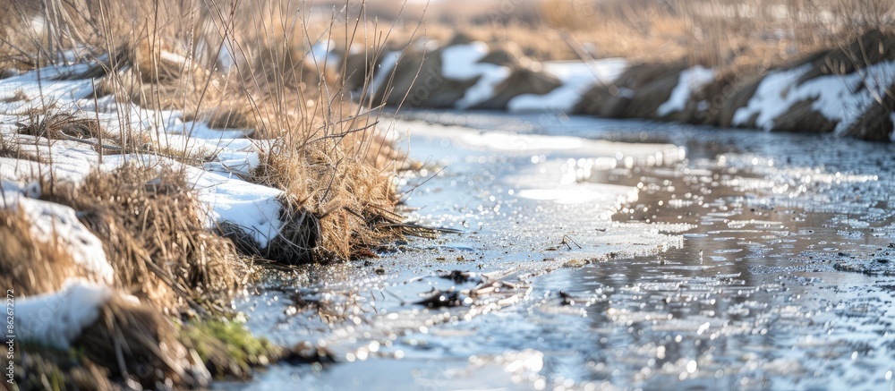Riverbank covered in dry grass with snow, where thin ice melts in early spring, embodying a pure and clean nature concept with a copy space image. Riverbank covered in dry grass with snow, where thin ice melts in early spring, embodying a pure and clean nature concept with a copy space image.