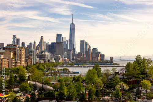 View of urban skyline with hudson river and park, new york, united states.