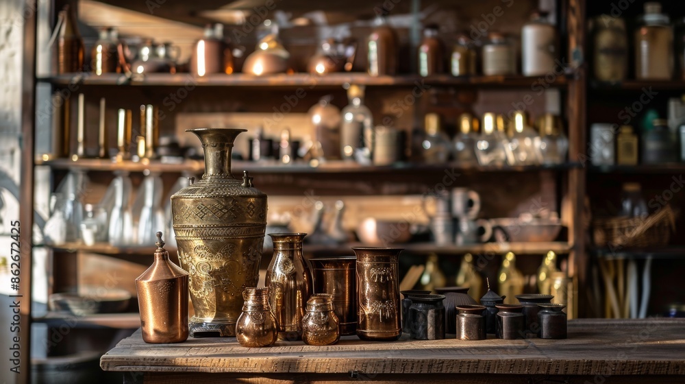 Fototapeta premium Antique Brass and Copper Vessels in Rustic Kitchen