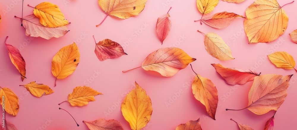 Autumn leaves in yellow and red shades on a soft pink backdrop perfect for adding text or images. Copy space image. Place for adding text and design Autumn leaves in yellow and red shades on a soft pink backdrop perfect for adding text or images. Copy space image. Place for adding text and design