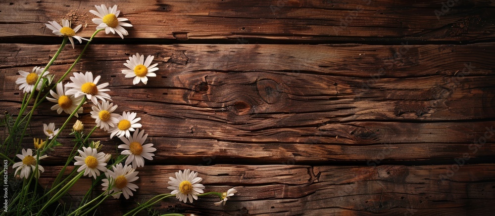 Weathered wood background with daisy flowers provides a copy space image. Weathered wood background with daisy flowers provides a copy space image.