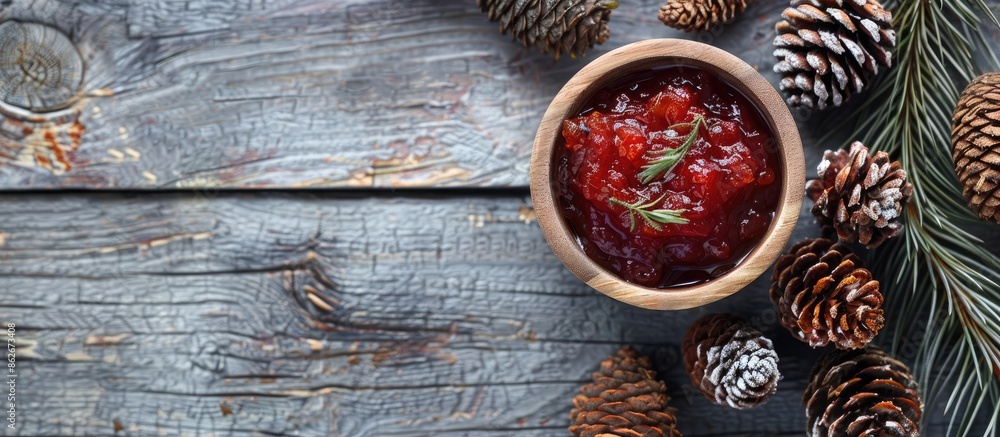 Top-down view of pine cone jam in a wooden bowl on a gray wooden surface with room for text or other images. Copy space image. Place for adding text and design Top-down view of pine cone jam in a wooden bowl on a gray wooden surface with room for text or other images. Copy space image. Place for adding text and design