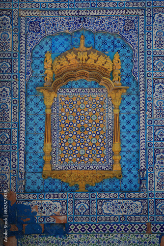 View of Shrine of Sachal Sarmast with intricate blue tile work and ornate decoration, Daraza, Sindh, Pakistan. photo