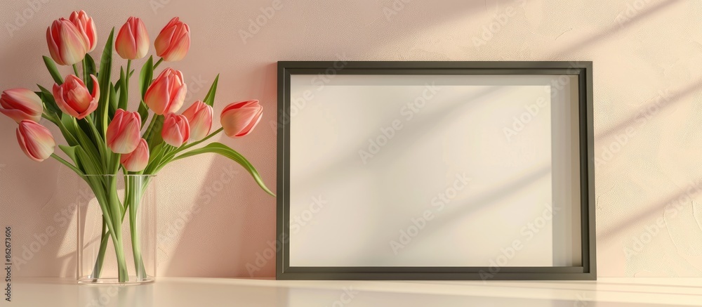 Mockup of a horizontal picture frame featuring tulip flowers with copy space image. Mockup of a horizontal picture frame featuring tulip flowers with copy space image.