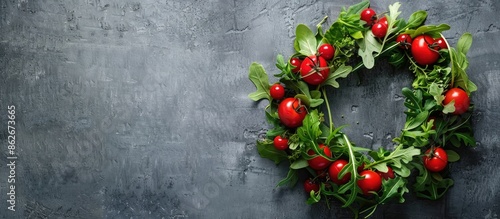 Festive vegetarian charcuterie wreath featuring mozzarella, cherry tomatoes, and arugula on a stone concrete backdrop for a stylish presentation with room for additional elements in the image. photo