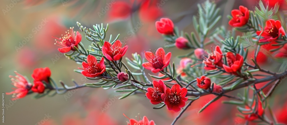 Pindak, a Western Australian wildflower, features branch structures resembling fir trees adorned with vibrant red flowers. Ideal as a copy space image. Pindak, a Western Australian wildflower, features branch structures resembling fir trees adorned with vibrant red flowers. Ideal as a copy space image.