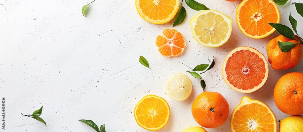 Fresh and vibrant citrus fruits like grapefruit, orange, tangerine, and lemon creatively displayed on a white background with copy space image in a flat lay style viewed from the top. Fresh and vibrant citrus fruits like grapefruit, orange, tangerine, and lemon creatively displayed on a white background with copy space image in a flat lay style viewed from the top.