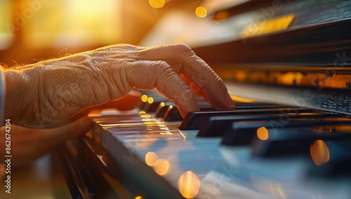 Close-Up of a Hand Playing a Piano Keyboard in a Golden Sunset Light