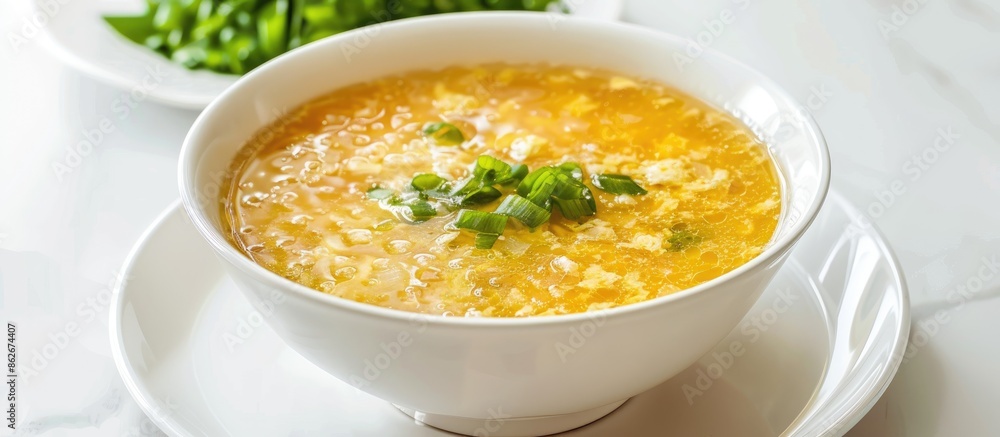 Delicious and healthy egg drop corn soup, a popular Cantonese dish often served as a starter in Chinese restaurants, displayed on a white background for a copy space image. Delicious and healthy egg drop corn soup, a popular Cantonese dish often served as a starter in Chinese restaurants, displayed on a white background for a copy space image.