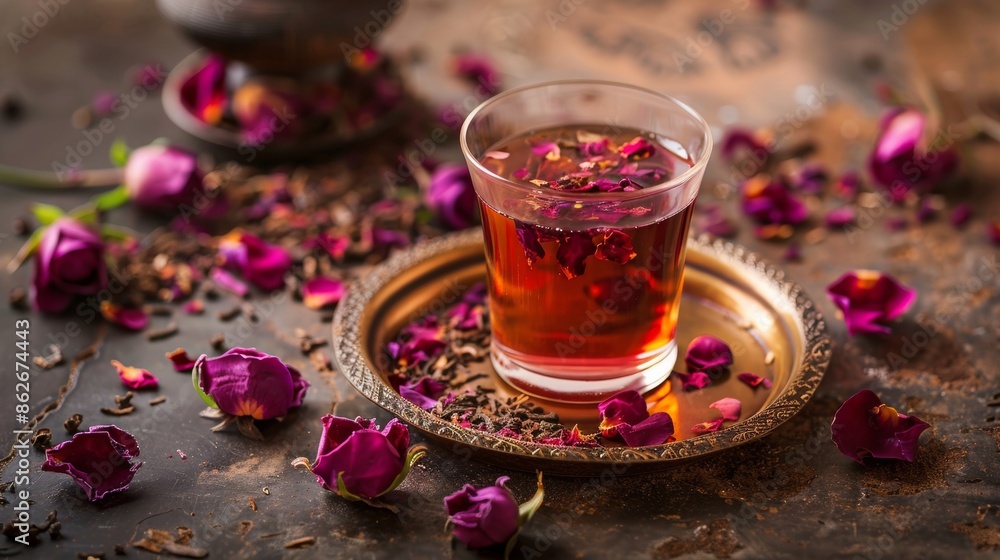 Herbal Tea with Rose Petals on Rustic Table Herbal Tea with Rose Petals on Rustic Table