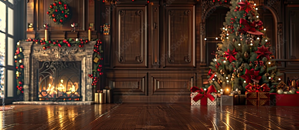 Table background with ample copy space image for decoration, complemented by a festive fireplace adorned with a Christmas tree in the backdrop. Table background with ample copy space image for decoration, complemented by a festive fireplace adorned with a Christmas tree in the backdrop.