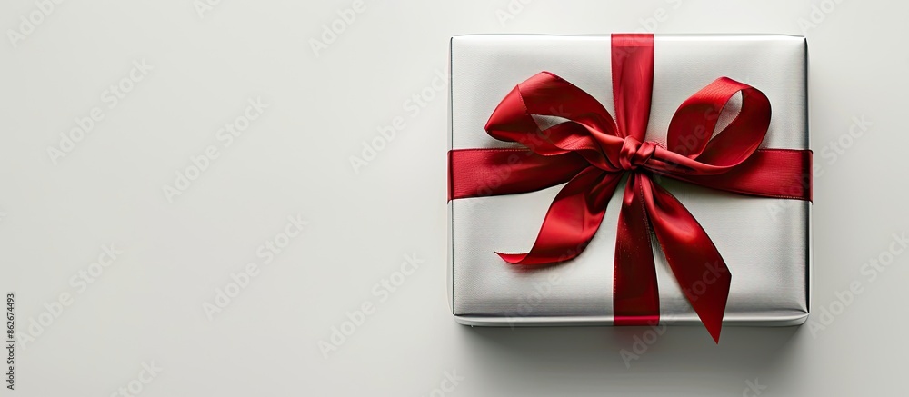 A silver gift box with a red ribbon bow is showcased on a white background. It features a modern metallic design with a window, perfect for brand customization. The image provides copy space for