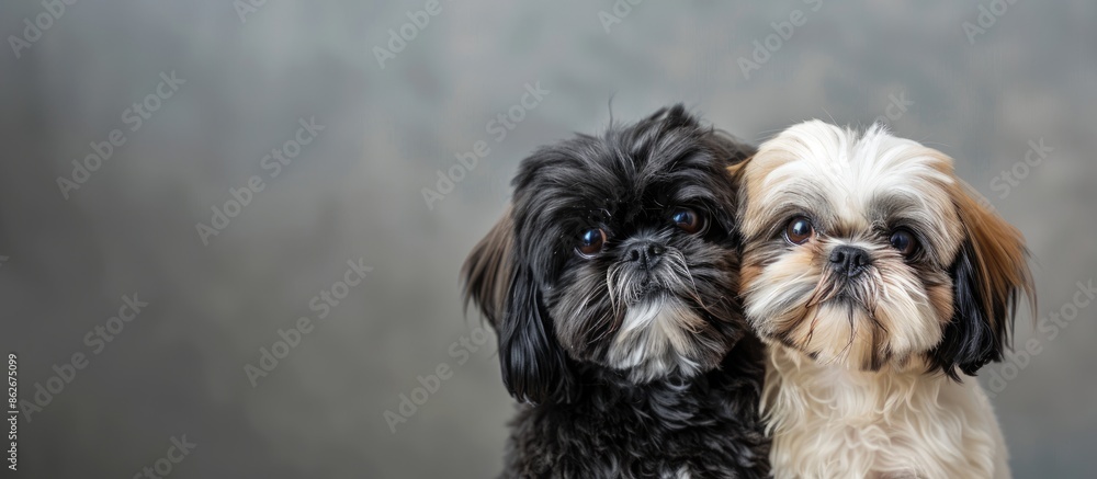 A studio shot of two shih tzu dogs on a grey backdrop with copy space image. A studio shot of two shih tzu dogs on a grey backdrop with copy space image.