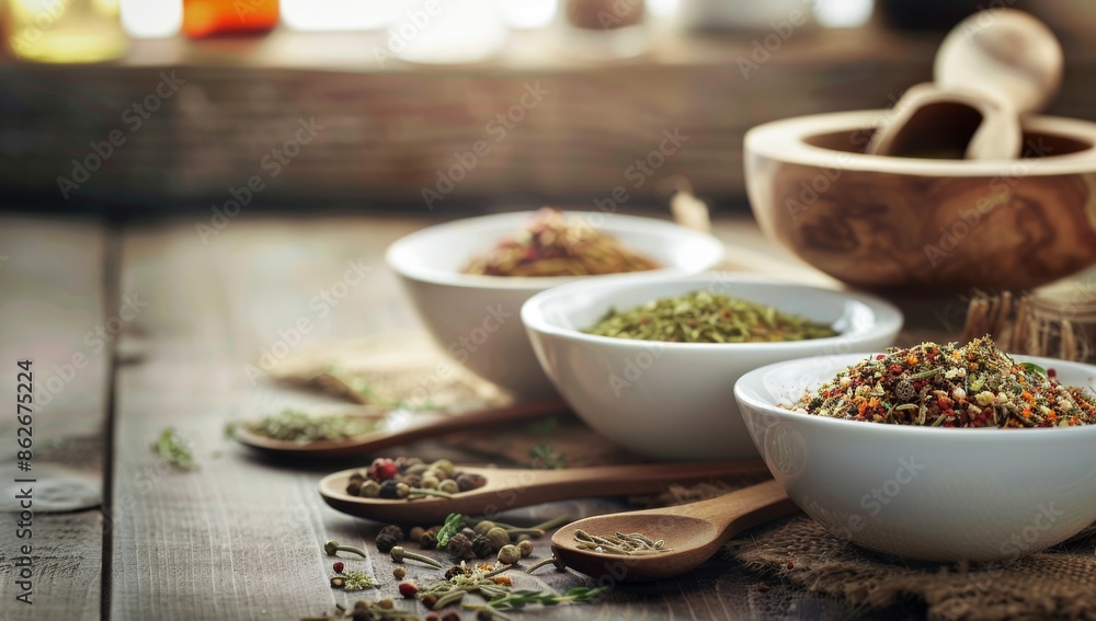 chopped veg in white bowls, dried and fresh with wooden measuring spoons on the background, old kitchen table, vintage wooden mortar for grinding tea leaves, spices and other seasonings chopped veg in white bowls, dried and fresh with wooden measuring spoons on the background, old kitchen table, vintage wooden mortar for grinding tea leaves, spices and other seasonings