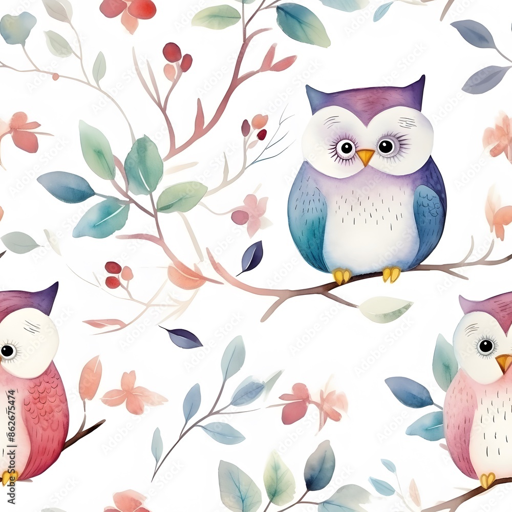 Fototapeta premium Cute watercolor pattern of colorful owls sitting on branches with leaves and flowers on a white background.
