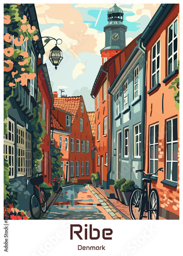 Ribe Denmark Poster Illustration Travel Print Decor Gift Paper Canvas Wall Retro Art photo