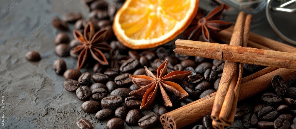 A close-up image featuring fragrant spices like cinnamon sticks, star anise, coffee beans, and dried orange arranged in a cross shape on a kitchen table with copy space image. A close-up image featuring fragrant spices like cinnamon sticks, star anise, coffee beans, and dried orange arranged in a cross shape on a kitchen table with copy space image.