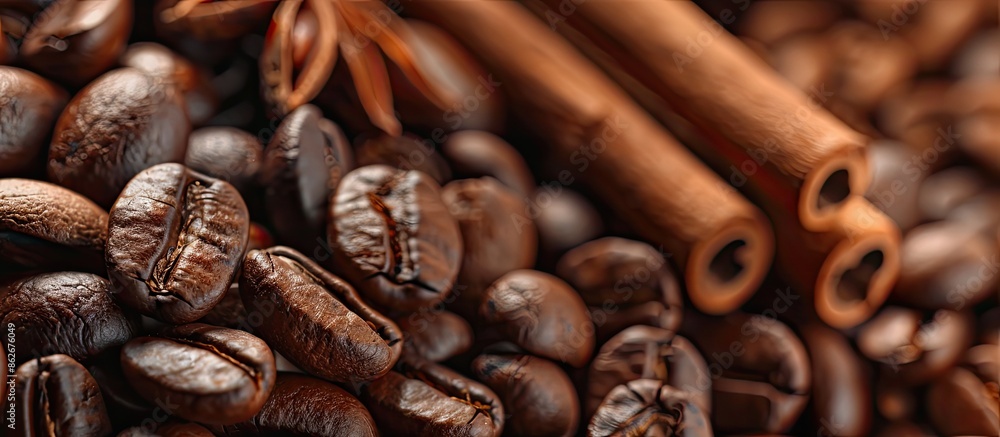 Closeup shot of aromatic coffee beans intertwined with cinnamon sticks against a background with ample copy space image. Closeup shot of aromatic coffee beans intertwined with cinnamon sticks against a background with ample copy space image.