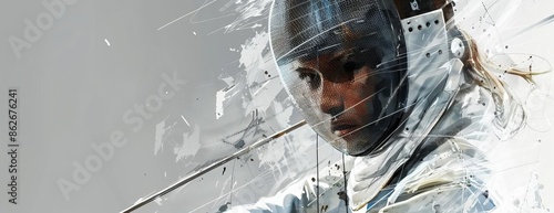 Close-up headshot of a poised fencer, grey background, three-quarter view, watercolor effect, subtle facial lines, soft brush strokes highlighting the intensity and grace, mask slightly raised photo