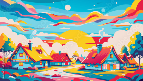 Vibrant Cartoon Village Landscape with Colorful Sunset Sky