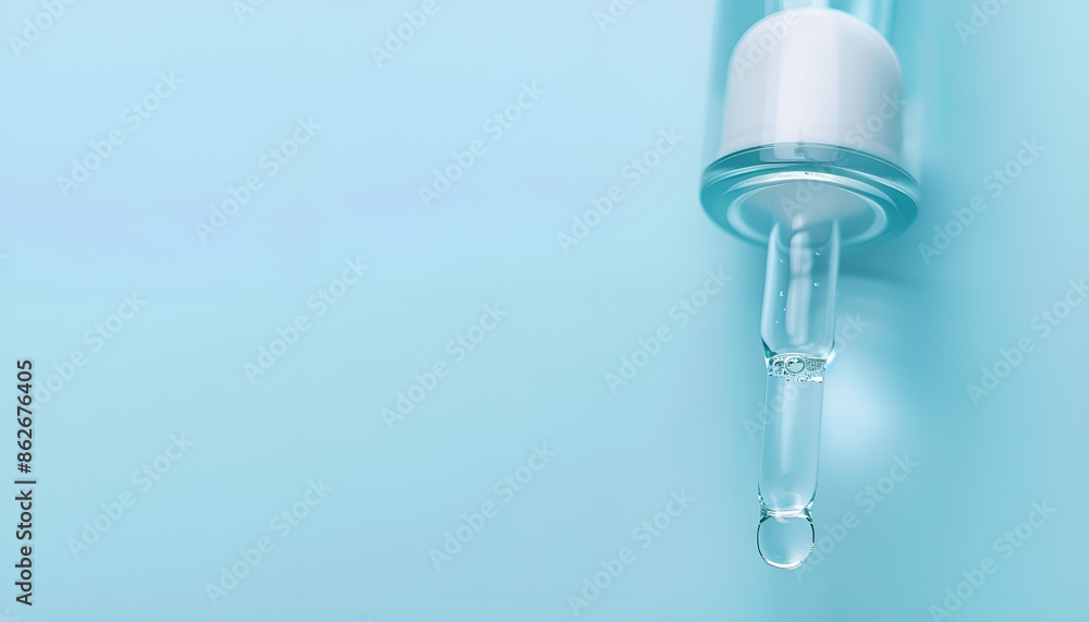 Clear cosmetic serum on light blue background, macro view Clear cosmetic serum on light blue background, macro view