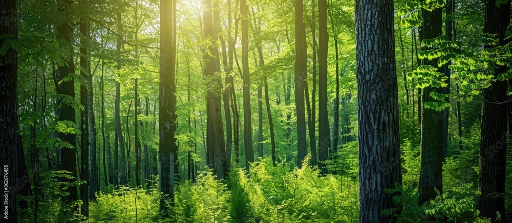 Lush green trees in a woodland setting during springtime with copy space image.