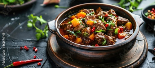 Tongseng, a dish from Central Java, Indonesia, consists of goat, mutton, or beef stewed in a curry-like soup with vegetables and sweet soy sauce, shown in a copy space image.