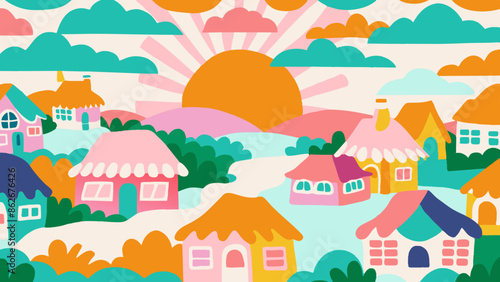 Whimsical Pastel Village Landscape Illustration with Sunset