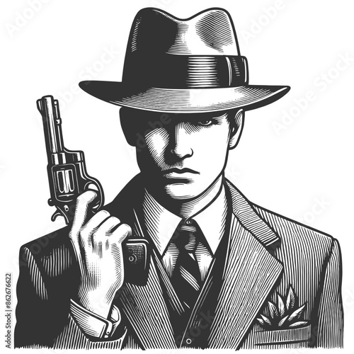 vintage gangster wearing a suit and hat, holding a smoking gun sketch engraving generative ai fictional character vector illustration. Scratch board imitation. Black and white image.