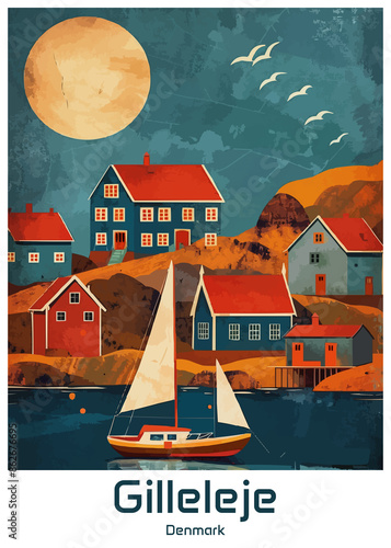 Gilleleje Denmark Poster Illustration Travel Print Decor Gift Paper Canvas Wall Retro Art photo