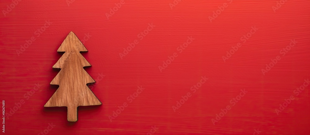 Wooden Christmas tree decoration on a red backdrop with room for additional images or text. Wooden Christmas tree decoration on a red backdrop with room for additional images or text.