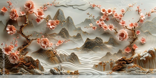 Fototapeta Naklejka Na Ścianę i Meble -  3D Embossed Wall Art with Cherry Blossom and Mountain Landscape,Volumetric stucco molding on a concrete wall with golden elements, Japanese landscape, waterfall, mountains