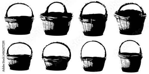 basket vector realistic set icon. Vector  set in isolation on a white background. Side and top view.Wicker picnic baskets, Easter holiday, container clean.