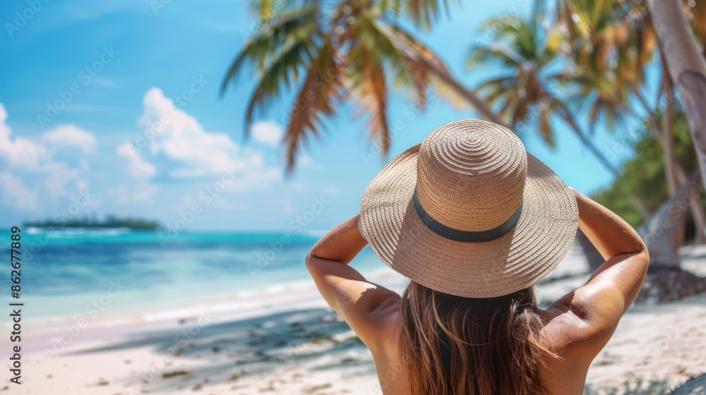 A young woman wearing a hat Have fun relaxing at the seaside. A young woman wearing a hat Have fun relaxing at the seaside.