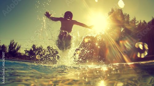 Splashing water as a child jumps into a pool on a sunny day with visible sun rays and reflections. © XaMaps