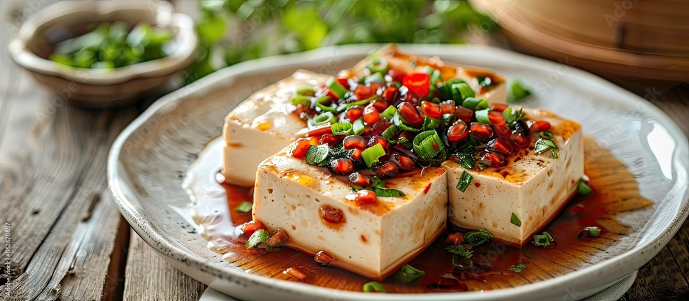 Chinese steamed tofu with wolfberry atop a white plate with copy space image. Chinese steamed tofu with wolfberry atop a white plate with copy space image.