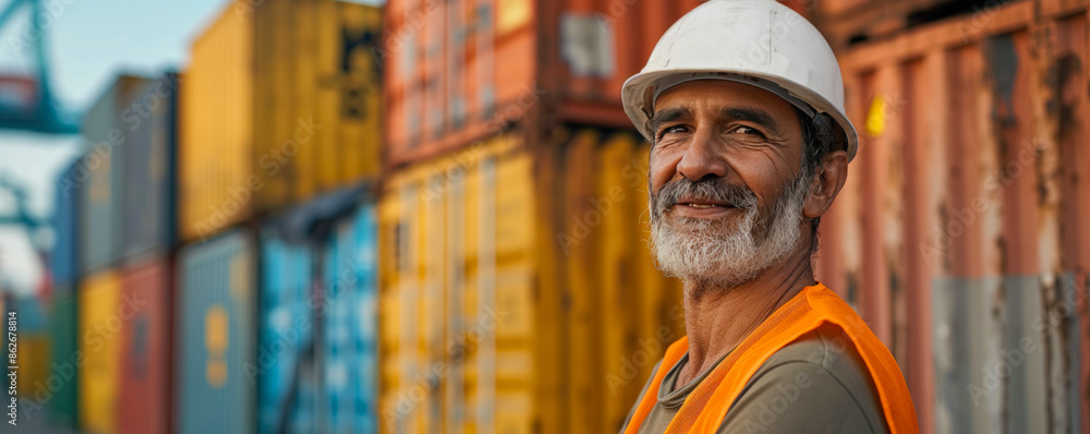 Indian worker standing in front of stacked shipping containers. Container terminal - freight shipping background. International trade banner. Import export concept. Indian worker standing in front of stacked shipping containers. Container terminal - freight shipping background. International trade banner. Import export concept.