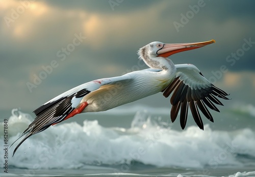White Pelican Soaring Over Ocean With Cloudy Sky