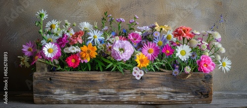 Eco-chic floral greeting card idea featuring a stunning bouquet of daisies, carnations, and spirea in a rustic wooden box with vibrant colors and a blank area for text or design. Copy space image photo