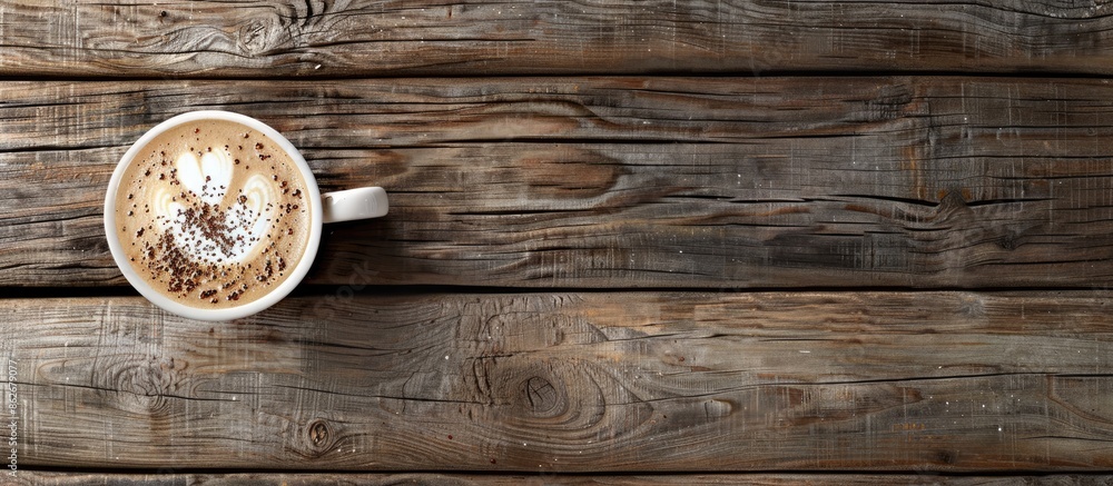 Top-down view of a warm cappuccino in a cup on a wooden table with ample copy space image available. Top-down view of a warm cappuccino in a cup on a wooden table with ample copy space image available.
